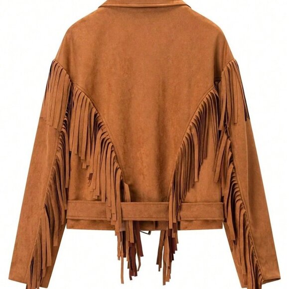 Khaki Casual Women's Lapel Tassel Wide Shoulder Streetwear Jacket - Picture 2 of 10